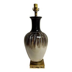 50s Era Asian Modern Black, Brown and Off White Stripe Ceramic Table Lamp